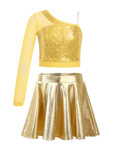 Jhaoyu Kinder Mädchen Tanz Outfits Pailletten Eine Schulter Tanz Top mit Metallic Rock Performance Kostüm Cheerleading Wettbewerb Dancewear Gold 134-140 von Jhaoyu