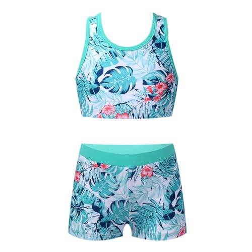 Jhaoyu Kinder Sport Tankini Set 2 TLG Aufdruck Brauchfrei Tank Top + Badeshorts Badeanzug Mädchen Ärmellos Sommer Schwimmanzug Türkis 128 von Jhaoyu