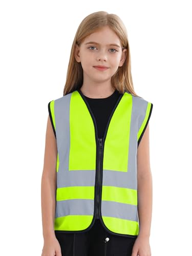 Jhaoyu Kinder Warnweste WarnschutzWeste mit Reflektorstreifen Sicherheitsweste mit Reißverschluss Taschen für Auto Fahrrad Schulweg 3-12 Jahre Gelb 7-10 Jahre von Jhaoyu