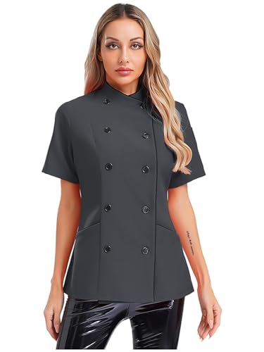 Jhaoyu Kochjacke Damen kurzarm Regular Fit Chef Mantel Jackenmit Druckknöpfen Kochuniform atmungsaktiv Bäckerjacke Kochkleidung Grau M von Jhaoyu