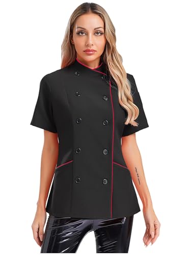 Jhaoyu Kochjacke Damen kurzarm Regular Fit Chef Mantel Jackenmit Druckknöpfen Kochuniform atmungsaktiv Bäckerjacke Kochkleidung Schwarz M von Jhaoyu