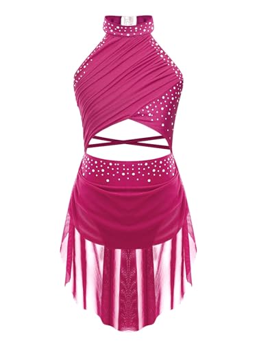Jhaoyu Mädchen Ballettkleider Ärmellos Ballett Body Leotard Mit Asymmetrisch Rock Trikot Gymnastikanzug Lyrical Modern Dancewear Tanzkostüm Hot Pink 122-128 von Jhaoyu