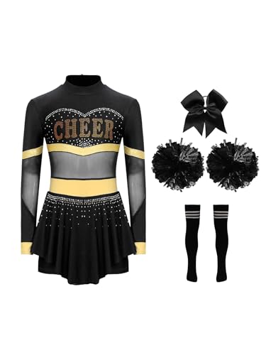 Jhaoyu Mädchen Cheerleading Kostüm Langarm Cheer Tanzkleid mit Pompoms Harrband Strümpfe Cheer Leader Outfit Schulmädchen Halloween Outfits Schwarz A 146-152 von Jhaoyu