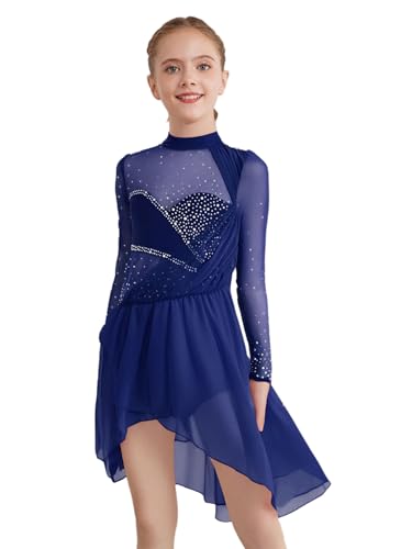 Jhaoyu Mädchen Eiskunstlauf Kleid Pailletten Ballettkleid Rollkunstlauf Kürkleid Langarm Body Mesh Spleiß Turnanzug Ballettkleidung Gr.104-164 Navy blau 146-152 von Jhaoyu