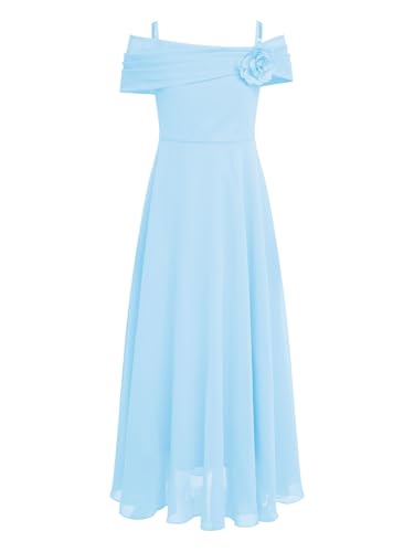 Jhaoyu Mädchen Sommer Kleid Schulterfrei Elegant Blumenmädchenkleider Prinzessin Hochzeit Abendkleid Lang Ballkleid Swingkleid Brautjungfer Kleid Hellblau A 158-164 von Jhaoyu