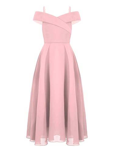 Jhaoyu Mädchen Sommer Kleid Schulterfrei Elegant Blumenmädchenkleider Prinzessin Hochzeit Abendkleid Lang Ballkleid Swingkleid Brautjungfer Kleid Rosa 158-164 von Jhaoyu
