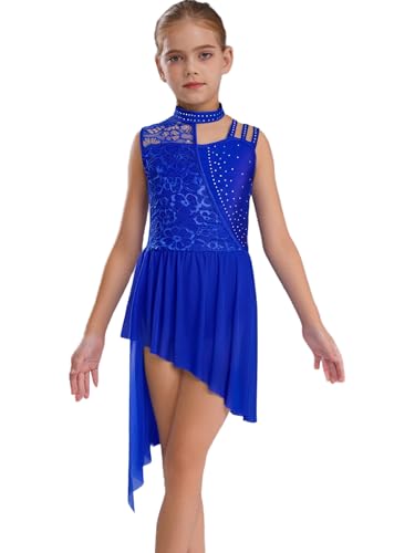 Jhaoyu Mädchen Tanzkleid Ärmelloses Lyrischen Kleid Spitze Patchwork Tanz Trikot Mit Asymmetrische Rock Kinder Latin Zeitgenössische Tanzkostüm Königsblau 122-128 von Jhaoyu