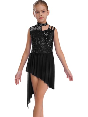 Jhaoyu Mädchen Tanzkleid Ärmelloses Lyrischen Kleid Spitze Patchwork Tanz Trikot Mit Asymmetrische Rock Kinder Latin Zeitgenössische Tanzkostüm Schwarz 146-152 von Jhaoyu