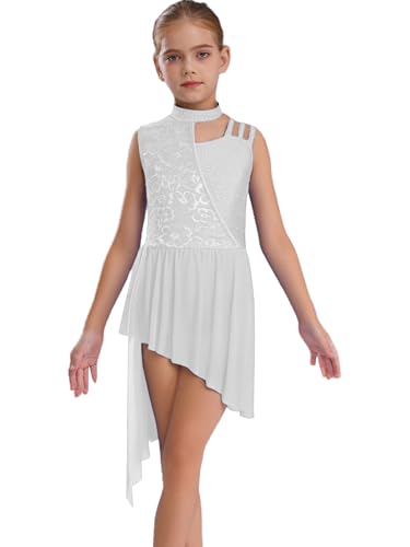 Jhaoyu Mädchen Tanzkleid Ärmelloses Lyrischen Kleid Spitze Patchwork Tanz Trikot Mit Asymmetrische Rock Kinder Latin Zeitgenössische Tanzkostüm Weiß 134-140 von Jhaoyu