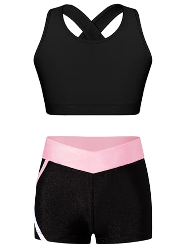 Jhaoyu Mädchen Trainingsanzug Kinder 2 Stück Sportbekleidung Set Sport BH Bustier + shorts Sommer Street Outfits Tanzen Gymnastik Yoga Kleidung Schwarz & Rosa 122-128/7-8 Jahre von Jhaoyu