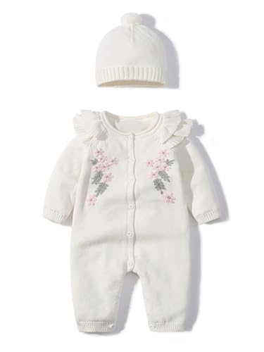 Jhaoyu Neugeborenes Baby Mädchen Gestrickte Strampler Overall mit/Ohne Hut Winter wärmer Schneeanzug für Mädchen 0-18 Monate Weiß 68-74 von Jhaoyu