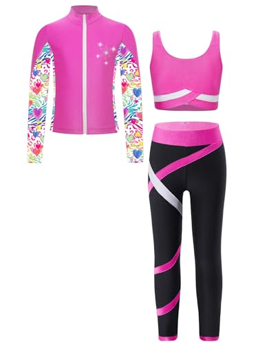 Jhaoyu Spor Set Mädchen Trainingsanzug 3tlg Jogginganzug Sport BH Und Leggings Set Mit Sweatjacke Kinder Gym Fitness Laufen Yoga Workout Outfit Hot Pink 158-164 von Jhaoyu