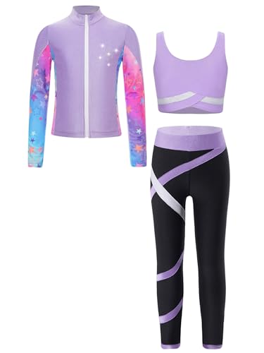 Jhaoyu Spor Set Mädchen Trainingsanzug 3tlg Jogginganzug Sport BH Und Leggings Set Mit Sweatjacke Kinder Gym Fitness Laufen Yoga Workout Outfit Helles Lila 134-140 von Jhaoyu