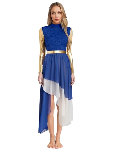 Jhaoyu Tanzkleid Damen Metallic Patchwork Liturgisch Lob Kleid Langarm Anbetung Kostüm Rumba Tango Kleid Kirche Robe Kostum Königsblau XXL von Jhaoyu