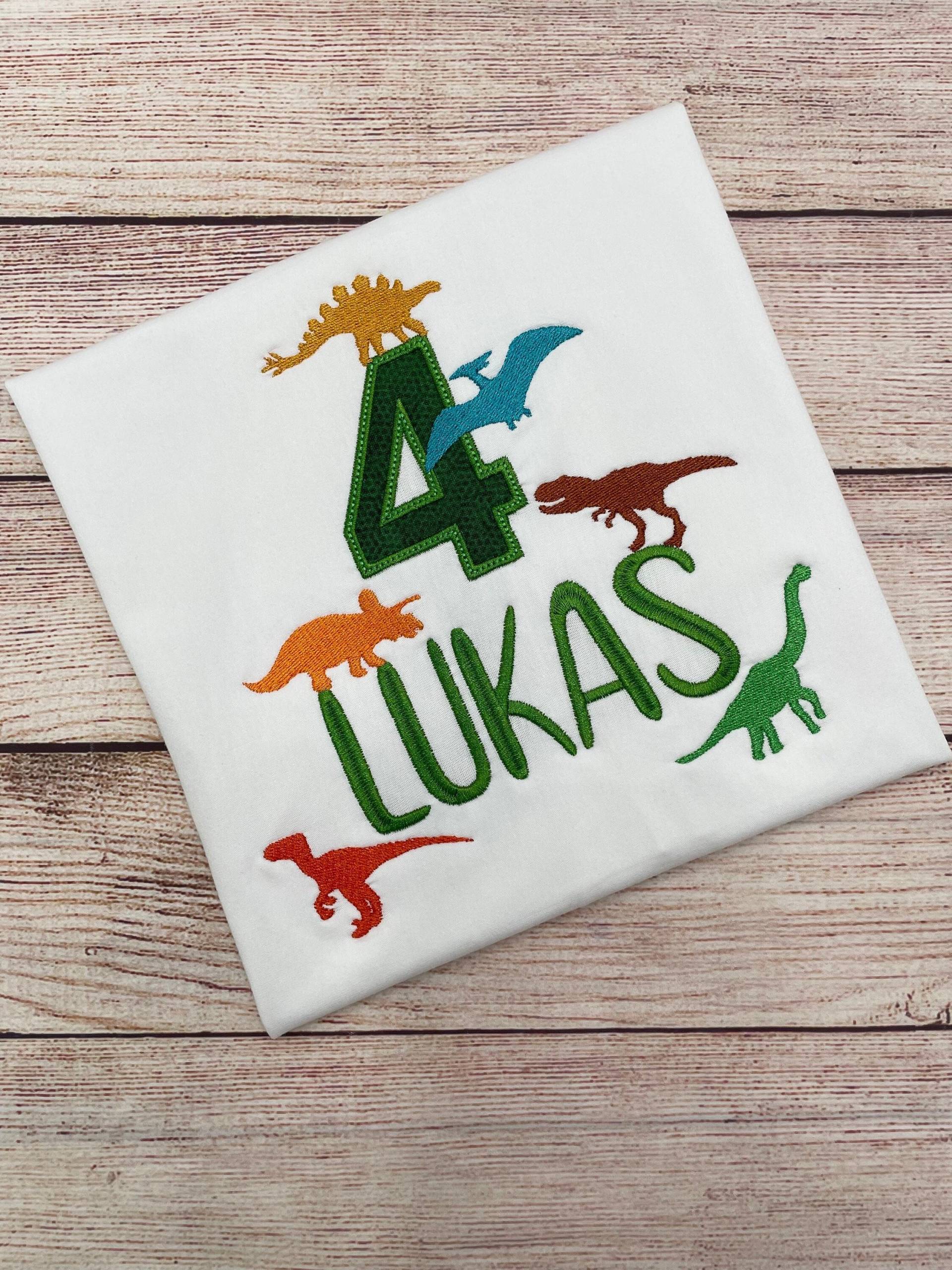 Dinosaurier Shirt Geburtstag Personalisiert Mit Namen Und Zahl - Dino T-Rex, Besticktes Kinder Shirt, Geburtstagsgeschenk von JhenCustomDesigns