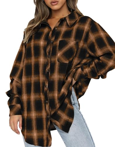 Damen Blusen Herbst Karo V Ausschnitt Shirt Oberteile Knopfleiste Langarm Flanell Oversize Kariertes Hemd von Jhsnjnr