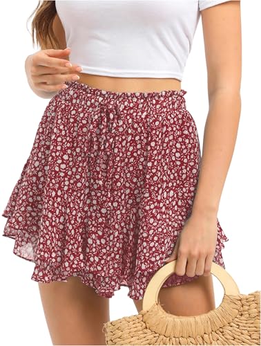 Damen Doppellagig Blumen Kurze Hose Boho Strand Skort Mini A-Linie Blumen Fließender Leicht Rüschen Rock Sommer von Jhsnjnr