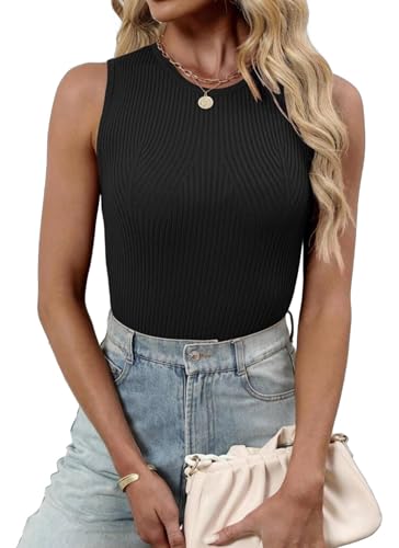 Damen Enge Tank Tops Sommer Stricktop Bluse Slim Fit Elastische Shirt Rundhals Ärmellose Geripptes Unterhemden von Jhsnjnr