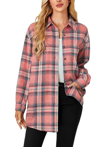 Damen Kariertes Hemdbluse Herbest Button-Down Longbluse Langarm V-Ausschnitt Shirt Oversized Karo Flanellhemd von Jhsnjnr