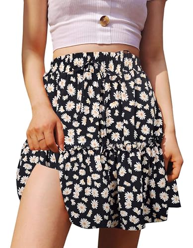Damen Kurze Boho Faltenrock Schwarzer Blumen Rüschen Sommerrock Leicht Strand Röcke Kordelzug A Linie Mini Rock von Jhsnjnr
