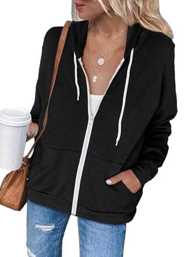 Damen Langarm Hoodie Sweatjacke Einfarbig Reißverschluss Pullover Kapuzenjacke Hoody Sweatshirt Jacken mit Taschen von Jhsnjnr