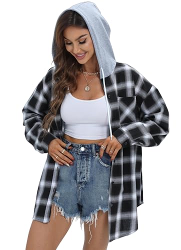 Damen Langarm Shirt mit Kapuze Boyfriend Oversize Karohemd Blusen Leichte Karierte Flanell Hemd von Jhsnjnr