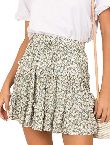 Damen Minirock Sommer Rüschen Röcke Blumen Urlaub Faltenrock A Linie Kurz Strand Rock High Waist Skirt von Jhsnjnr