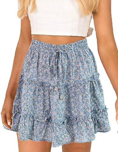 Damen Sommerrock Kurz Blumen Boho Rüschen A Linie Rock Minirock mit Elastische Hohe Taille Strand Plissee Rock von Jhsnjnr