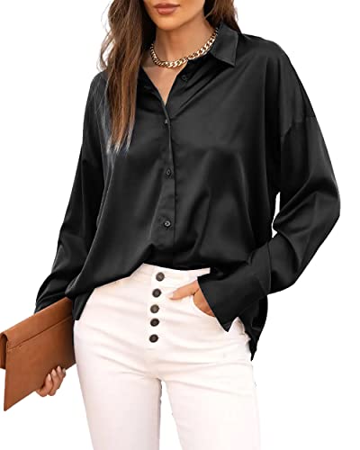 Jhsnjnr Damen Button Down Shirt Langarm Tops Casual Lose Büro Seide Satin Blusen, Schwarz , Large von Jhsnjnr