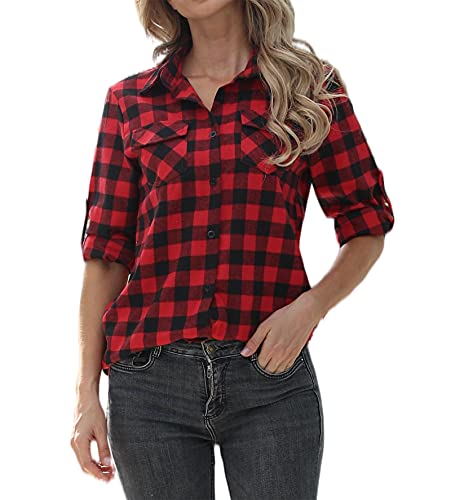 Jhsnjnr Damen Casual Roll-up Langarm Boyfriend Kariertes Hemd Kragen Plaid Knopfleiste Tops Gr. X-Large, rot von Jhsnjnr