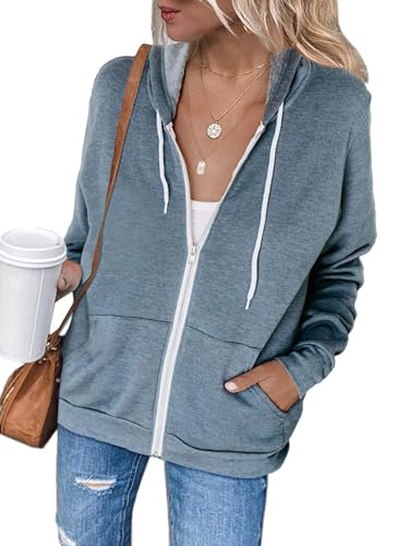 Jhsnjnr Damen Dünn Sportjacke Sweatshirt mit Kapuze Einfarbig Kapuzenpullover Full Zip Hoodie Leicht Sweatjacke Kapuzenjacke von Jhsnjnr