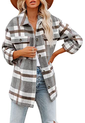 Jhsnjnr Damen Flanell Karierte Hemden Oversized Langarm Plaid Button Up Jacken Shacket, Grau-kariert, M von Jhsnjnr