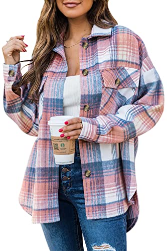 Jhsnjnr Damen Flanell Karierte Hemden Oversized Langarm Plaid Button Up Jacken Shacket, Pink-kariert, M von Jhsnjnr
