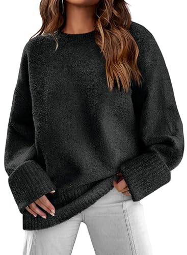 Jhsnjnr Damen Grob Oversized Pullover Baggy Langarm Strickwaren Pullover Gestrickt Rundhals Slouchy Sweater Jumper, Schwarz , XL von Jhsnjnr