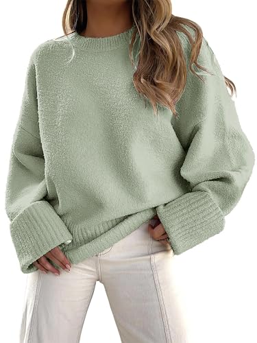 Jhsnjnr Damen Grob Oversized Pullover Baggy Langarm Strickwaren Pullover Gestrickt Rundhals Slouchy Sweater Jumper, grün, M von Jhsnjnr