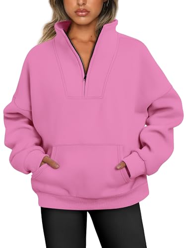 Jhsnjnr Damen Half Zip Fleece Pullover Herbst Langarm Sweatshirt mit Kängurutaschen Stehkragen Reißverschluss Oversized Hoodie von Jhsnjnr