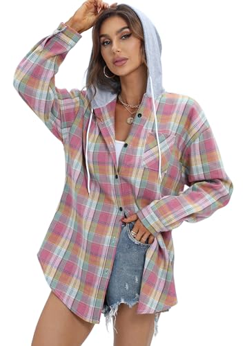 Jhsnjnr Damen Karierte Bluse Boyfriend Leichte Flanellhemd Knopfleiste Oversize Hoodie Karo Langarmshirt von Jhsnjnr