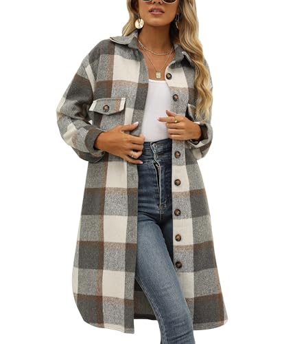 Jhsnjnr Damen Karierte Jacke Klassisch Revers Hemdjacke Langarm Button Down Karo Flanellhemd Shacket Mantel von Jhsnjnr