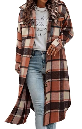 Jhsnjnr Damen Kariertes Hemdjacke Flanellhemd Herbstmantel mit Taschen Oversize Langarm Button-Down Lang Mantel von Jhsnjnr