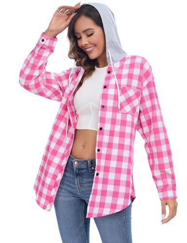 Jhsnjnr Damen Karo Bluse Knopfleiste Kapuzenpullover Langarmshirt Oversized Kariert Flanellhemd mit Kapuze von Jhsnjnr