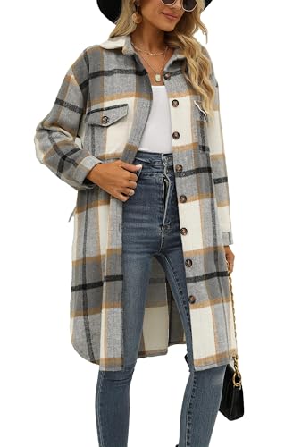 Jhsnjnr Damen Lässig Kariert HolzfällerJacke Klassisch Revers Lange Hemdjacke Oversize Langarm Flanell Mantel von Jhsnjnr