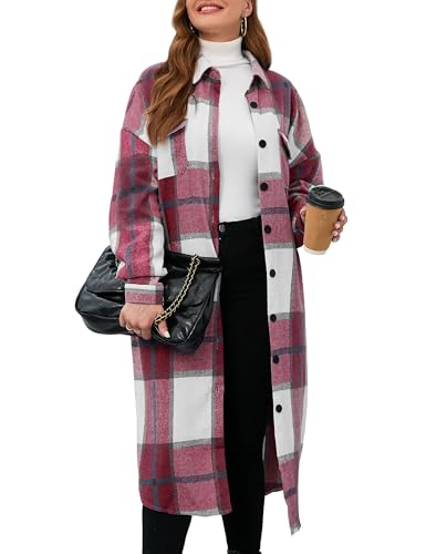 Jhsnjnr Damen Lang Flanellhemd Jacke Oversize Freizeit Mantel Langarmshirt mit Taschen Karohemd Winterjacke von Jhsnjnr