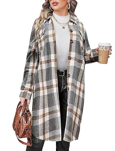 Jhsnjnr Damen Langarm Flanell Karierte Hemden Casual Button Down Lange Plaid Jacke Shacket, Grau kariert, 38 von Jhsnjnr