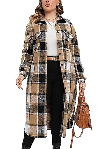 Jhsnjnr Damen Langarm Flanell Karierte Hemden Casual Button Down Lange Plaid Jacke Shacket, Kaki kariert, 38 von Jhsnjnr
