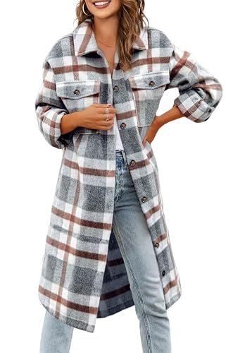 Jhsnjnr Damen Lange Flanell Karo Mantel Shacket Lässig Warm Longshirt Jacke Langarm Freizeit Kariert Hemdjacke von Jhsnjnr