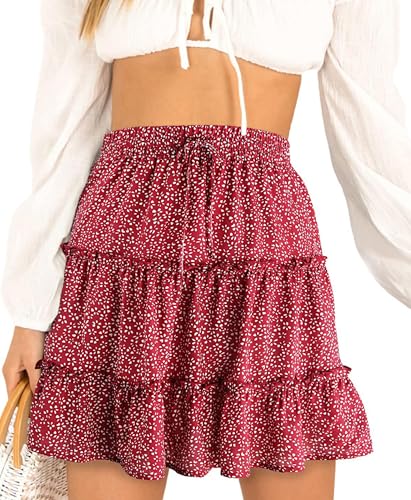 Jhsnjnr Damen Mini Röcke mit Kordelzug Sommer A Linie Stil Blumen Rüschen Dekor Faltenrock und Strand Boho Touch von Jhsnjnr