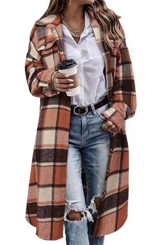 Jhsnjnr Damen Mode Lässig Kariert Karo Jacke Flanellhemd Revers Knopfleiste Wintermantel Lang Hemdjacke Mantel von Jhsnjnr