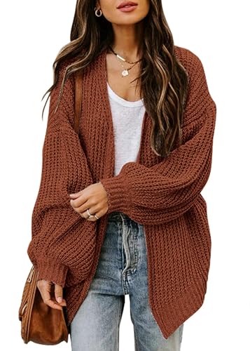 Jhsnjnr Damen Oversize Cardigan Casual Lange Laternenärmel Strickmantel Grobstrick Offene Einfarbig Strickjacken von Jhsnjnr