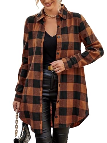 Jhsnjnr Damen Plaid Langarm Bluse Tops Button Down Oversized Lange Karierte Flanellhemden, Orange, M von Jhsnjnr