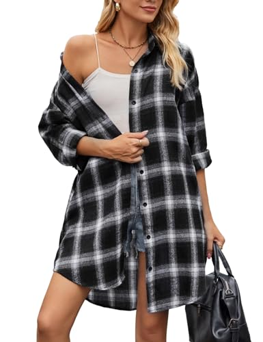 Jhsnjnr Damen Plaid Langarm Bluse Tops Button Down Oversized Lange Karierte Flanellhemden, Schwarz , XL von Jhsnjnr